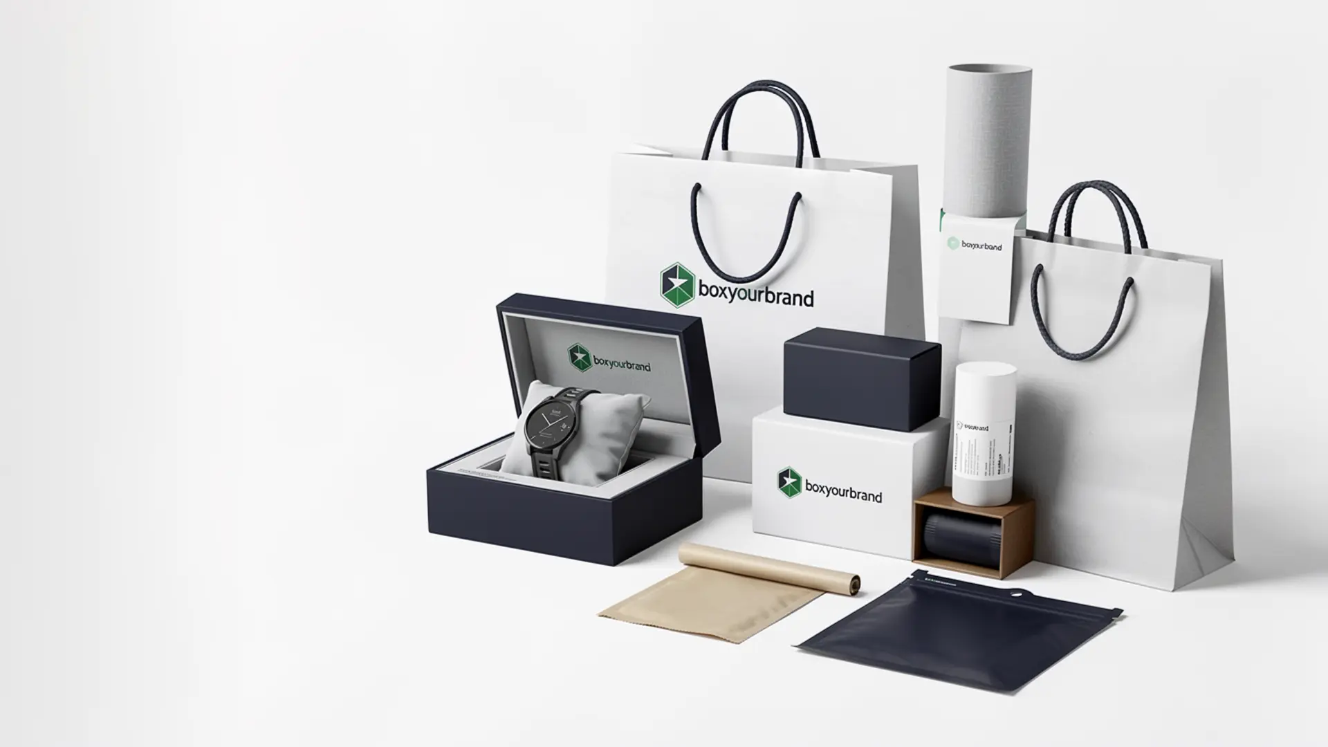 Assortment of custom-printed corrugated boxes, mailers, and retail packaging